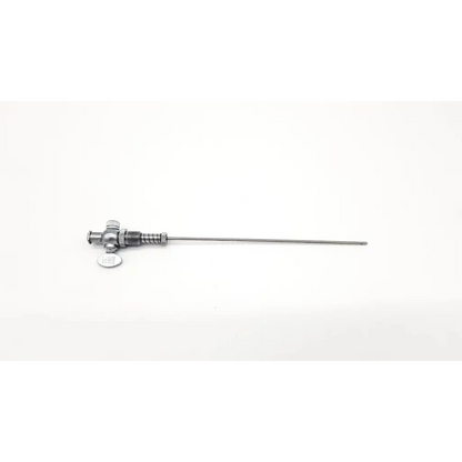 Silver surgical instrument with long slender metal shaft and complex valve handle karl storz 26120j optical bridge