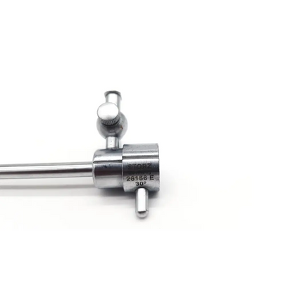 Silver stainless steel karl storz 26156e 30° cannula with cylindrical shaft and knurled adjustment knob