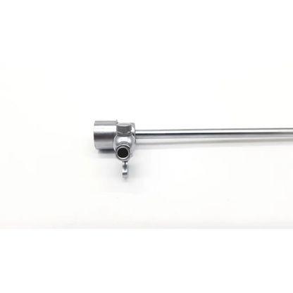 Silver metallic karl storz 26156e cannula with cylindrical handle, threaded knob, and articulated joint