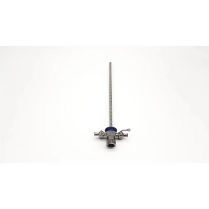 Silver surgical retractor with blue handle and engraved markings in karl storz 27026b 22fr visual obturator