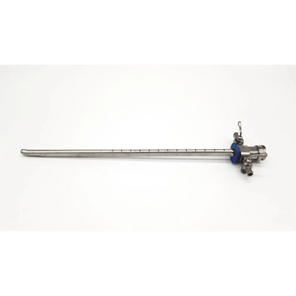 Silver surgical retractor with blue circular handle and metallic joints in karl storz 27026b 22fr visual obturator