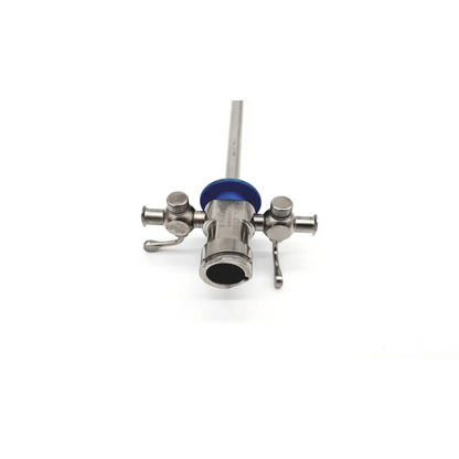Silver karl storz 27026b 22fr visual obturator with blue circular handle and two adjustable knobs surgical instrument