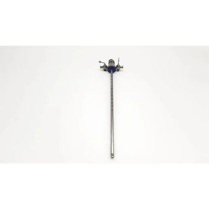 Silver surgical retractor with blue circular handle and measurement markings for karl storz 27026b 22fr visual obturator