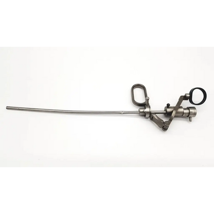Silver surgical endoscope with slender shaft and black rubberized grips from karl storz 27040e working element