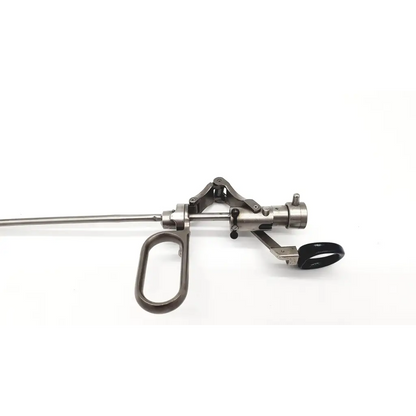Silver polished metal surgical instrument with long slender shaft and dual handles in karl storz 27040e working element