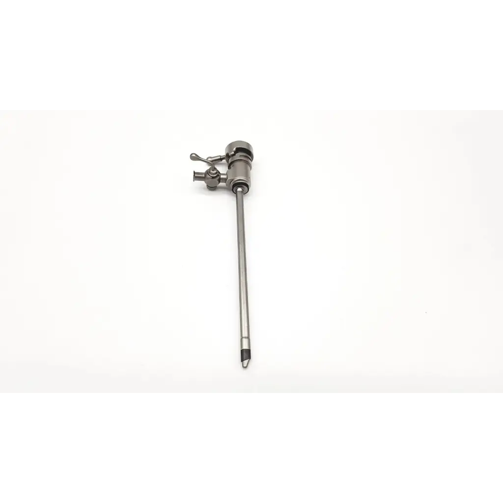 Silver surgical retractor with slender metallic shaft and adjustable knob handle in karl storz 27047c resecthoscope