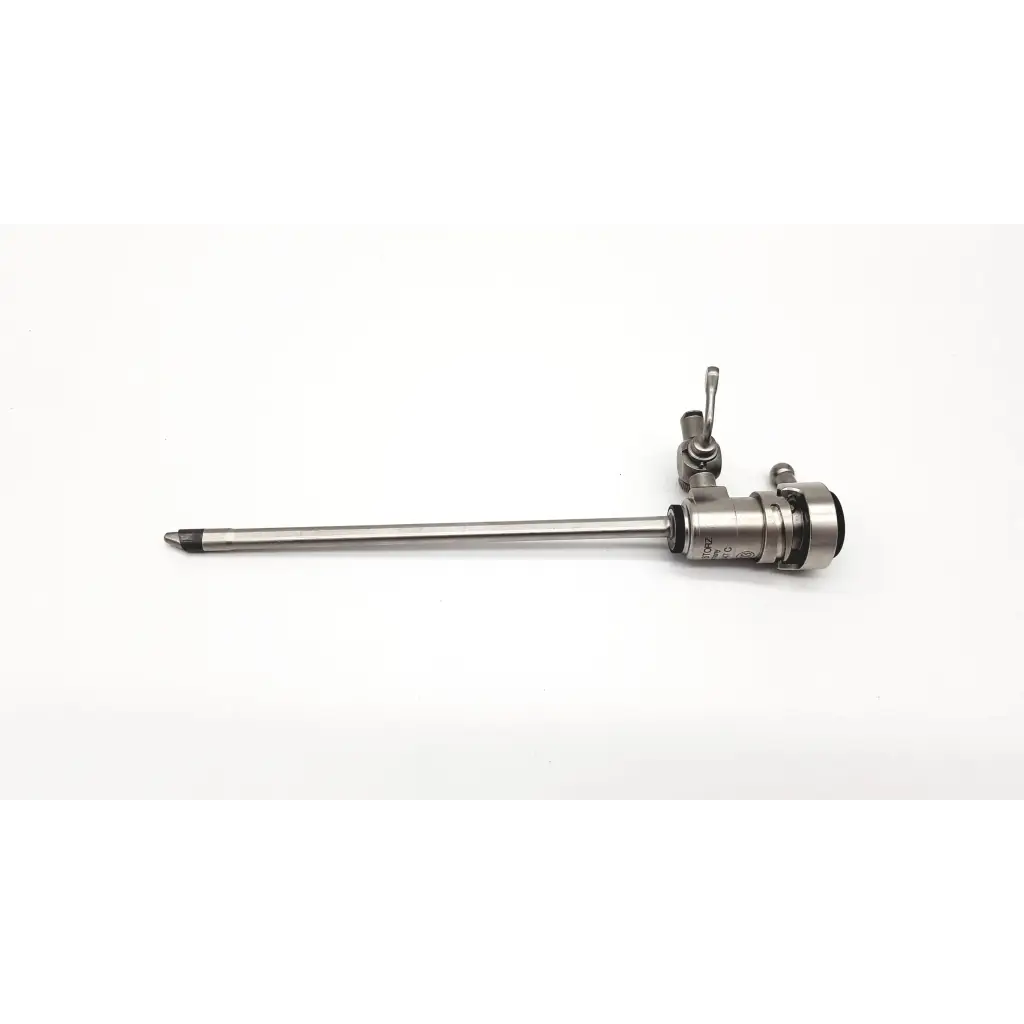 Silver karl storz 27047c resecthoscope with a long metallic shaft and complex jointed head featuring adjustment knobs