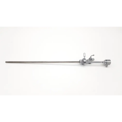 Silver surgical instrument with long slender metallic shaft and articulated joints in karl storz 27068cd telescope bridge