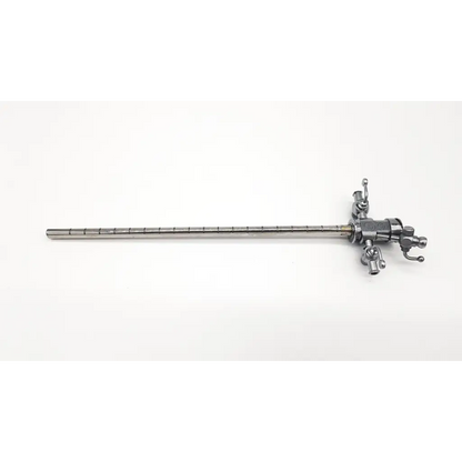 Silver karl storz 27068d sheath surgical instrument with slender metallic shaft and articulated control head with knobs