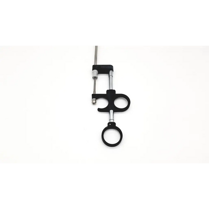 Black plastic and metal karl storz 27090 fl working element surgical instrument with circular handles and long shaft