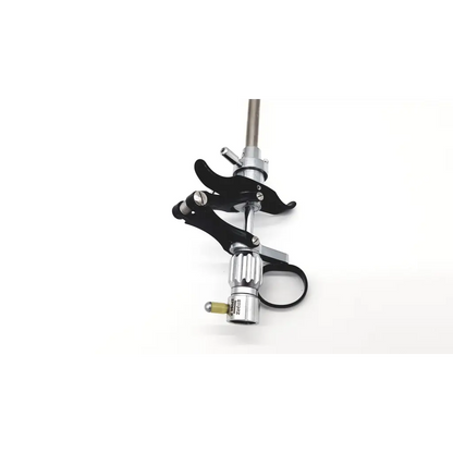 Black and silver Karl Storz 27094P optical kidney stone grasper with textured grip and adjustable clamping mechanism