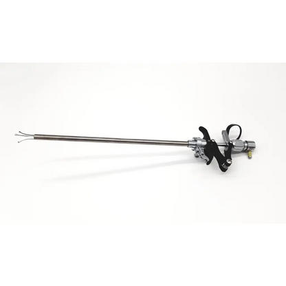 Silver surgical instrument with long slender metallic shaft and black ergonomic handle karl storz 27094p optical kidney stone grasper