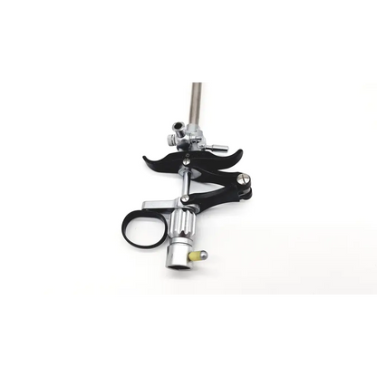 Black and silver karl storz 27094p optical kidney stone grasper with curved handle and adjustable clamping mechanism