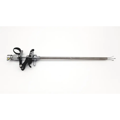 Silver karl storz 27094p optical kidney stone grasper with black ergonomic handle and fine-tipped metallic jaws