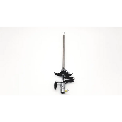 Black and silver surgical retractor with long metallic shaft and adjustable clamping arms karl storz 27094p optical kidney