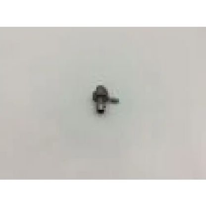 Small metallic silver karl storz 27224 alo surgical connector valve with cylindrical body and protruding handle for evacuator