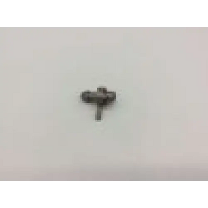 Small dark gray metallic t-shaped alo surgical connector by karl storz with textured surface and rounded edges for evacuator
