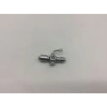 Silver-toned metal karl storz luer-lock connector with stopcock featuring a cross-shaped design and small loop end
