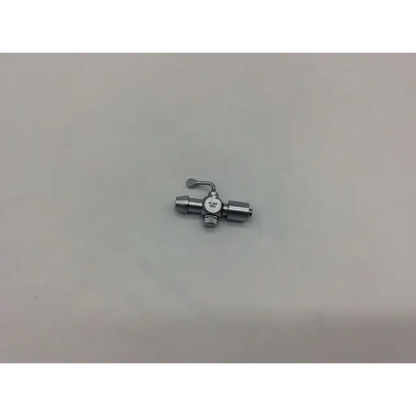 Silver-colored metal karl storz luer-lock connector with stopcock valve and lever handle with threaded connections