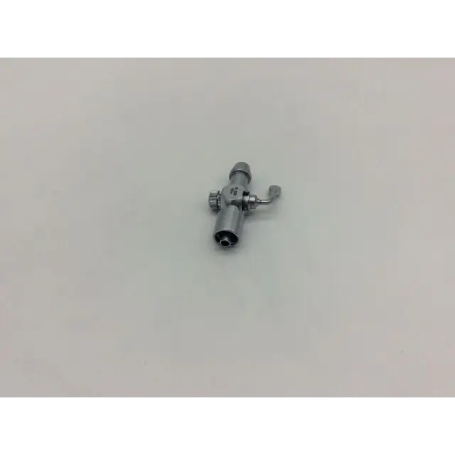 Silver-colored metal karl storz luer-lock connector with stopcock featuring handle and adjustment knob