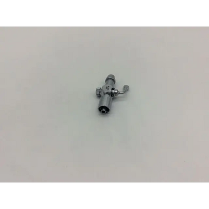 Silver-colored metal karl storz luer-lock connector with stopcock featuring handle and adjustment knob