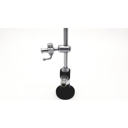 Silver laboratory clamp stand with black rubber base and adjustable arm for Karl Storz 28020A Hopkins nephroscope use