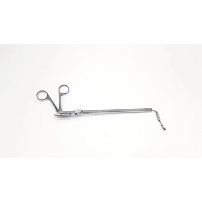 Silver karl storz 28020g rigid forces surgical instrument with two circular handles and curved tip shaft