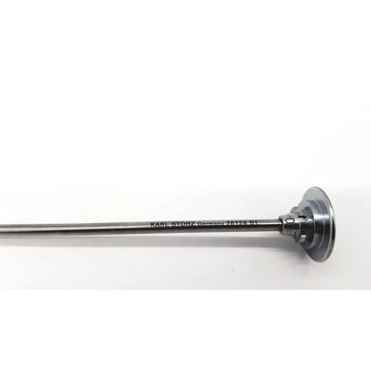 Silver metallic karl storz blunt tip obturator with slender cylindrical shaft and circular flange at one end