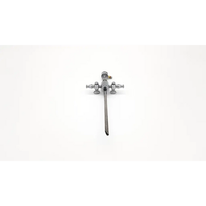 Silver karl storz 28124cr cannula with dual rotating stopcocks and slender shaft surgical instrument