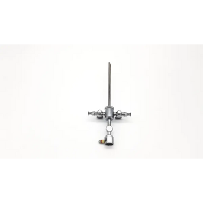 Silver karl storz 28124cr cannula with long slender shaft and dual rotating stopcocks for surgical use