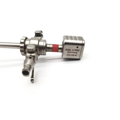 Silver metallic karl storz 28128r obturator with red band and engraved storz 28128r germany on rectangular housing