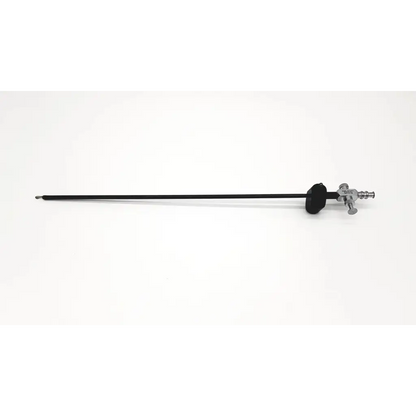 Black-handled karl storz 28175 ue cannula da46-57 with metallic silver-toned control mechanism at distal end