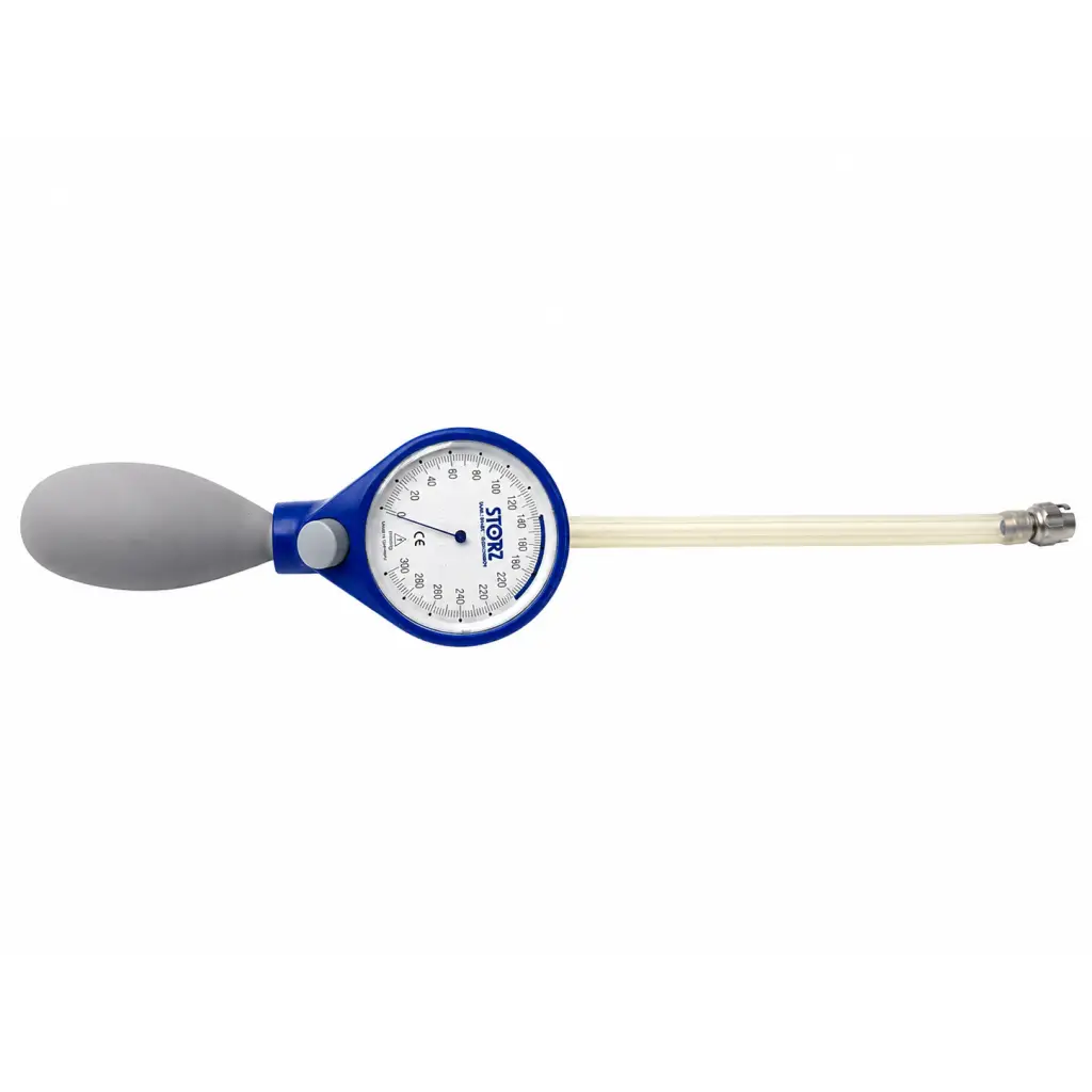 Blue and gray karl storz biomed certified manual pressure gauge with white dial clear tubing and metal connector