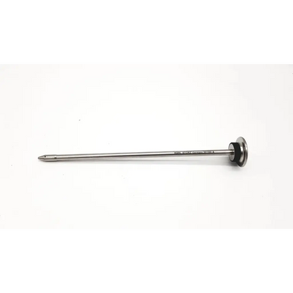 A sleek metallic karl storz endoscopy 6mm trocar with a pointed tip and circular handle end