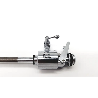 Silver metallic karl storz 30160m laparoscopic cannula with handle lever threaded shaft for minimally invasive surgery