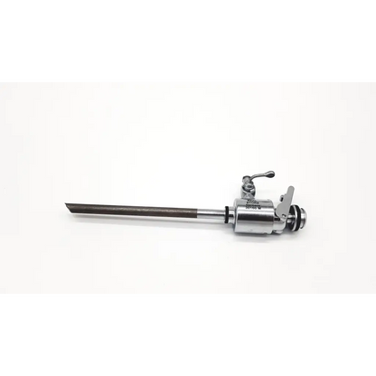 Silver surgical retractor with metallic handle and slender blade in karl storz 30160m laparoscopic cannula set