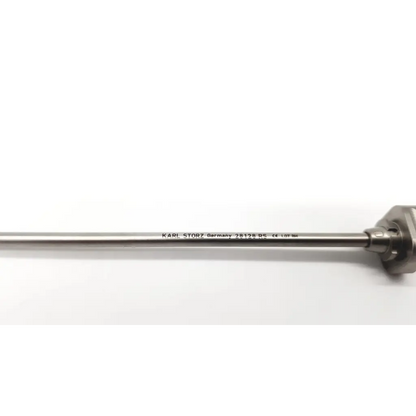 Silver metallic surgical instrument with engraved karl storz germany 28128 bs text on storz 4mm trocar 28128rs shaft