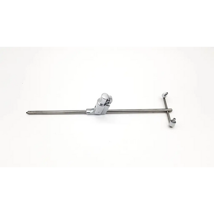 Chrome-finished metal karl storz holder rotating arm t-bar clamp with central adjustment knob and two end fittings