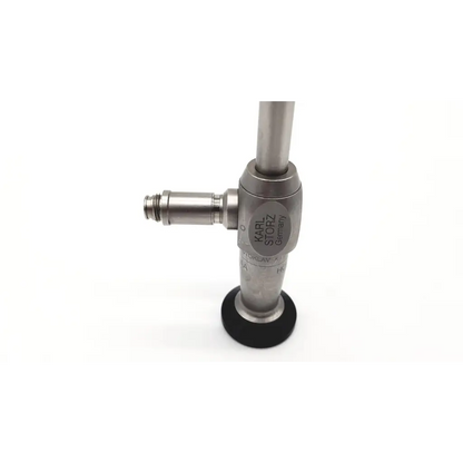 Silver metallic karl storz 0 degree hopkins ii rigid scope with black rubber base and engraved branding