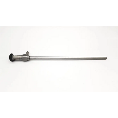 Silver karl storz 0 degree hopkins ii rigid endoscope with black rubber grip and metallic joints for surgical use