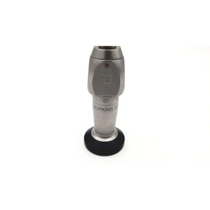 Silver metallic karl storz 0 degree hopkins ii rigid scope with black rubber base and engraved markings