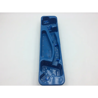 Blue plastic karl storz flexible scope sterilization tray with molded compartments and small blue fasteners
