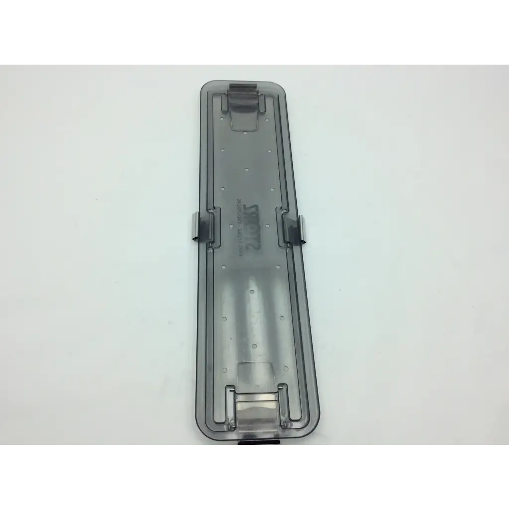 Transparent gray plastic lid with molded clips and circular indentations for karl storz flexible scope sterilization tray
