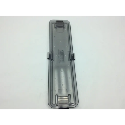 Transparent gray plastic lid with molded clips and circular indentations for karl storz flexible scope sterilization tray
