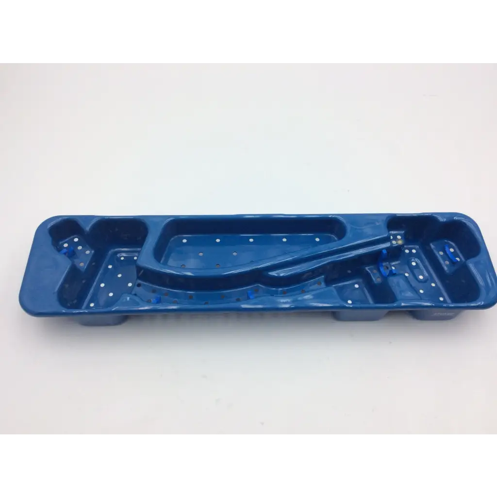 Blue plastic karl storz flexible scope sterilization tray with molded compartments and dotted indentations for flexible scope storage
