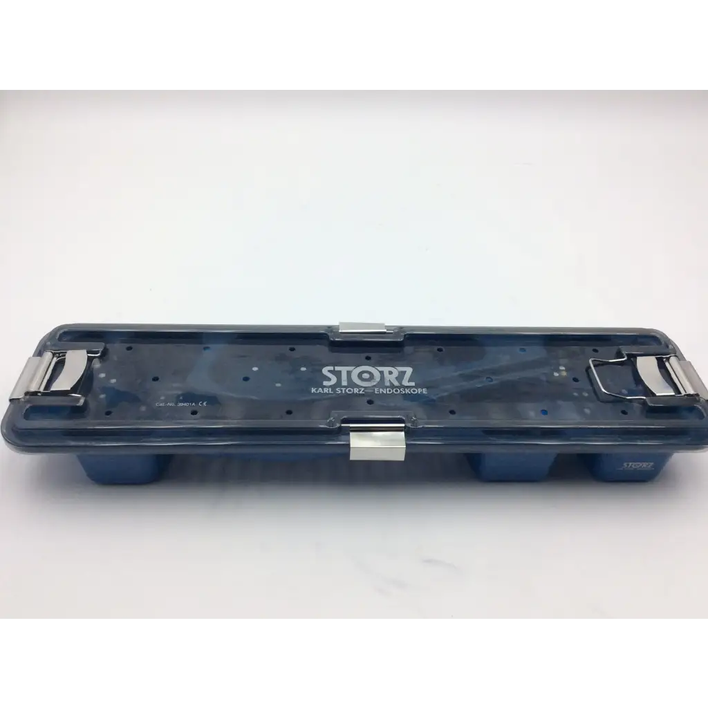 Transparent blue plastic karl storz flexible tray with silver clasps for flexible scope sterilization, model 39401A
