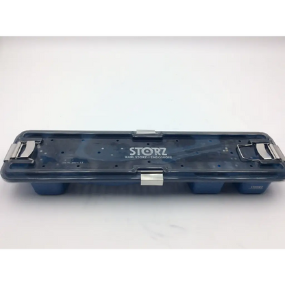 Transparent blue plastic karl storz flexible tray with silver clasps for flexible scope sterilization, model 39401A