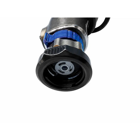 Black and blue industrial hose nozzle with metallic housing shown with karl storz camera head medical equipment cable