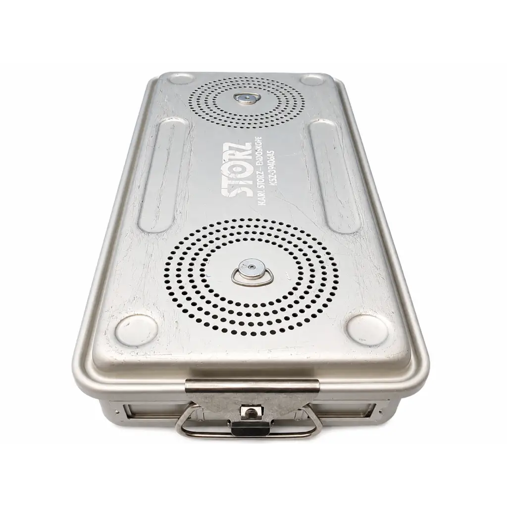 Silver metallic karl storz endoscope sterilization case with circular perforations and embossed branding for sterilization