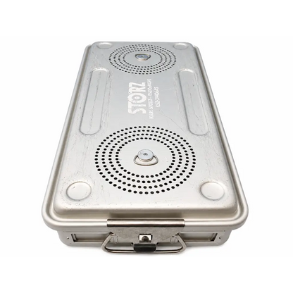 Silver metallic karl storz endoscope sterilization case with circular perforations and embossed branding for sterilization